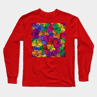 Colorful Tropical Monstera Deliciosa Plant Line Art On Black Pattern Long Sleeve T-Shirt